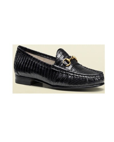 Black Snake Skin Loafers With Golden Horsebit Detail