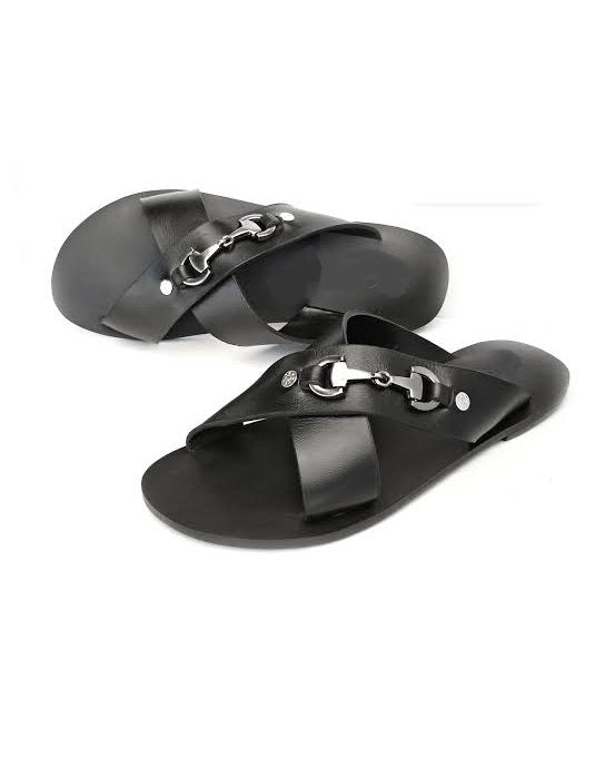 Black Cross Leather Men Palm Slippers - Inflow Integrated Services