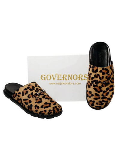 Leopard Skin Leather Half Shoe Mules Slides - Governors