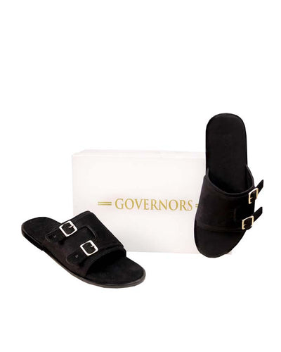 Black Velvet Double Monk Strap Slides