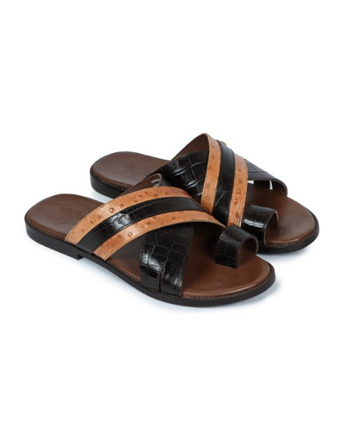 Men's Cross Leather Palm Slippers With Buckle Detail - Brown