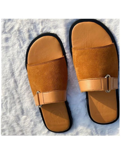 Brown Suede Leather Slippers With Pure Leather Mix